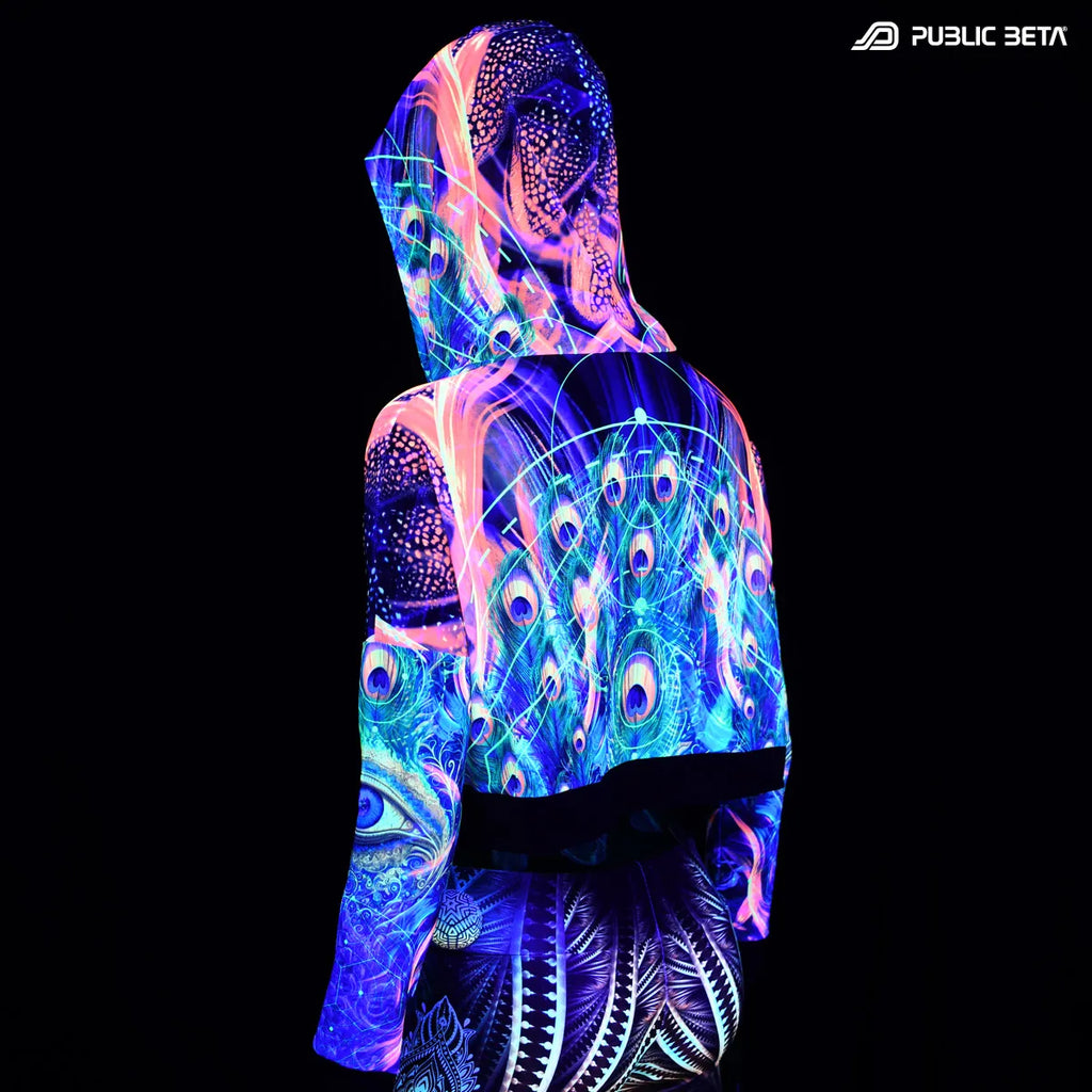Hooded mesh top with uv reactive psychedelic art print glowing under blacklight