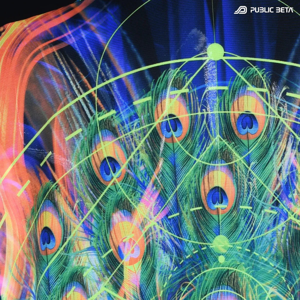 close up of a Hooded mesh top with uv reactive psychedelic art print in natural light