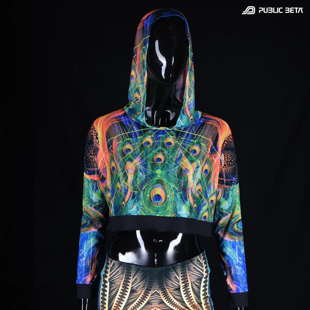 Hooded mesh top with uv reactive psychedelic art print 