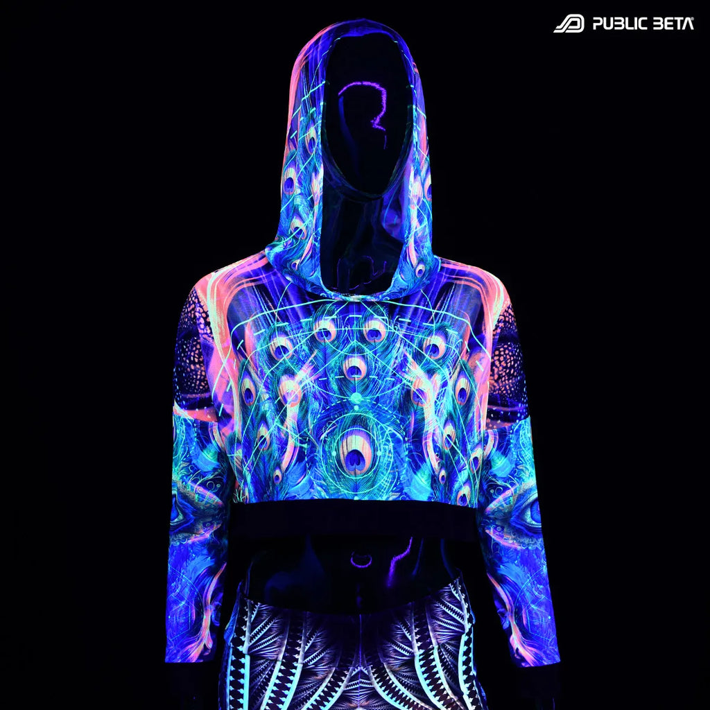 Hooded mesh top with uv reactive psychedelic art print glowing under blacklight