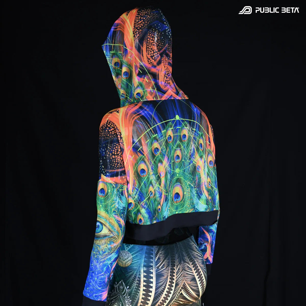 Hooded mesh top with uv reactive psychedelic art print 