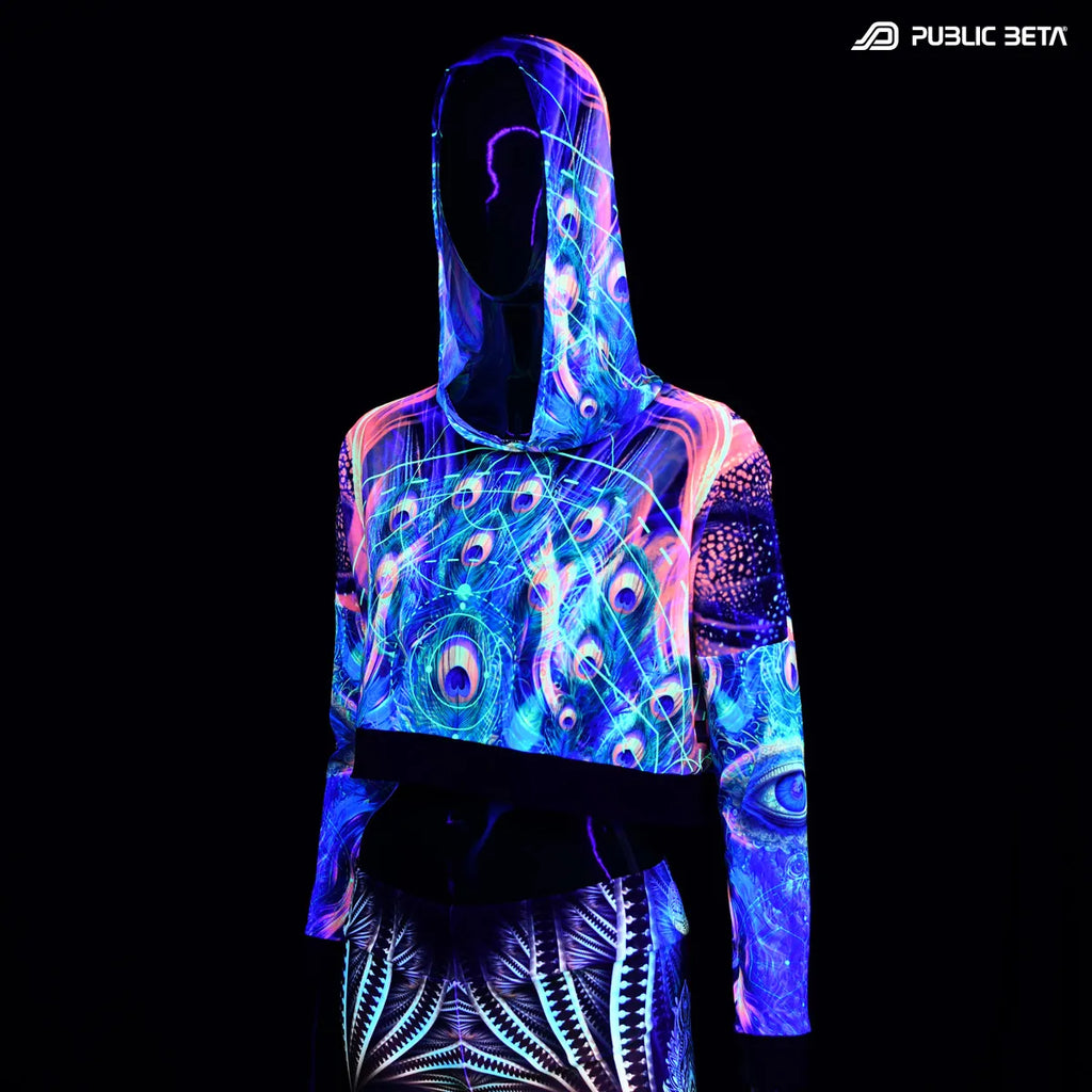 Hooded mesh top with uv reactive psychedelic art print glowing under blacklight