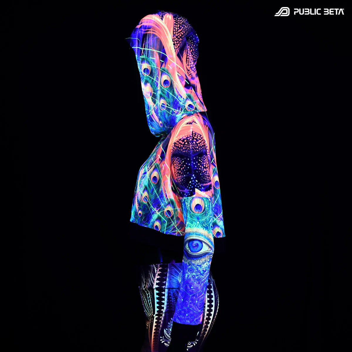 Hooded mesh top with uv reactive psychedelic art print glowing under blacklight