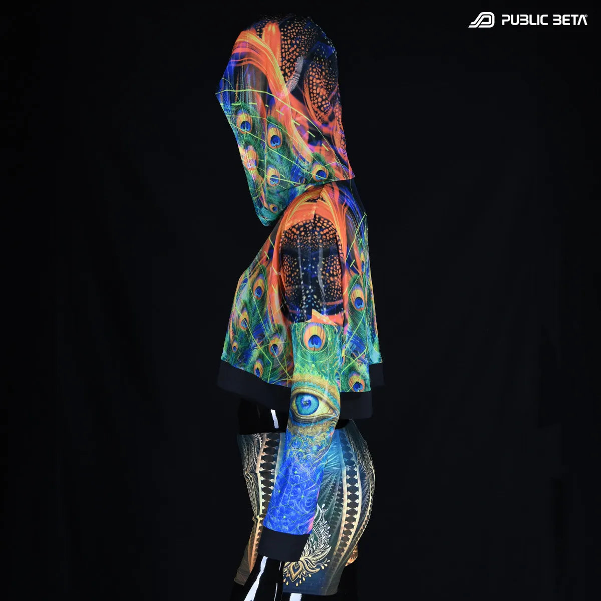 Hooded mesh top with uv reactive psychedelic art print