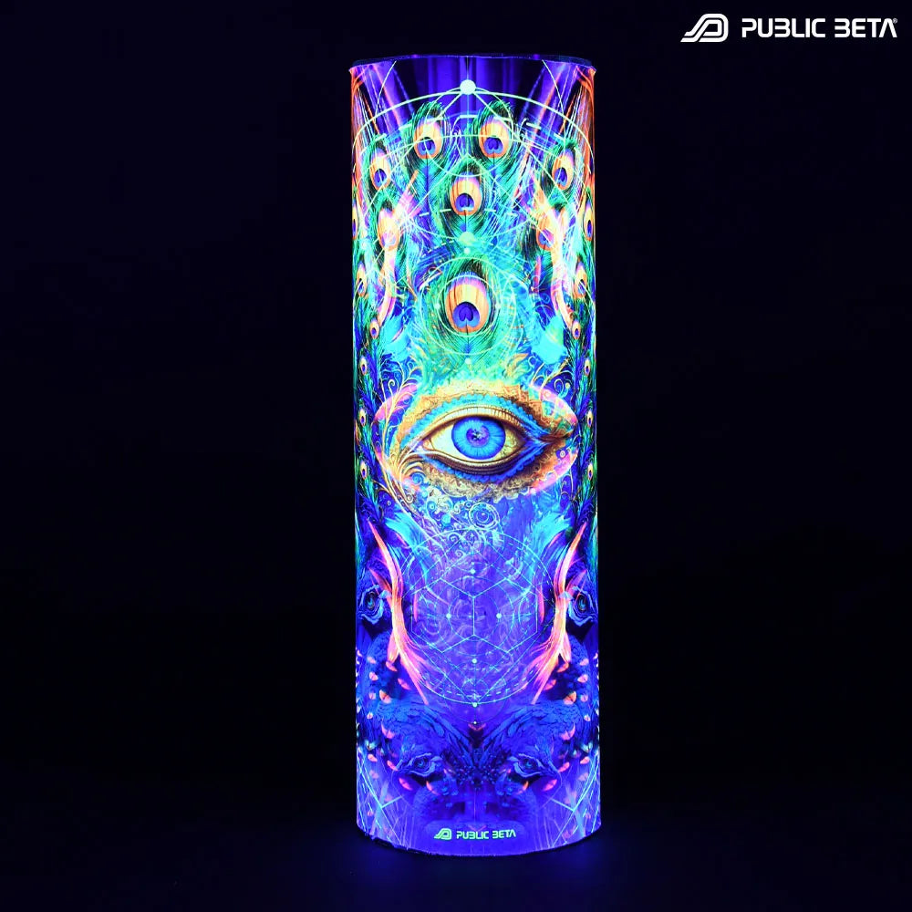 Tube scarf with organic UV-reactive print glowing under blacklight