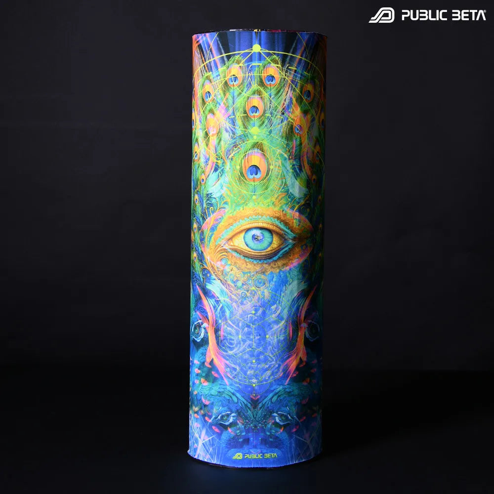 Tube scarf with organic UV-reactive print, photographed in natural light