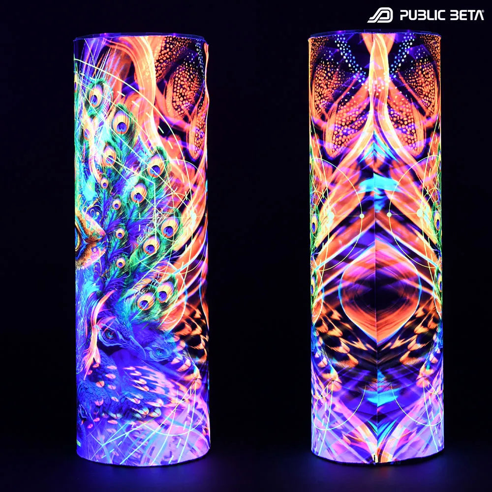 Tube scarf with organic UV-reactive print glowing under blacklight