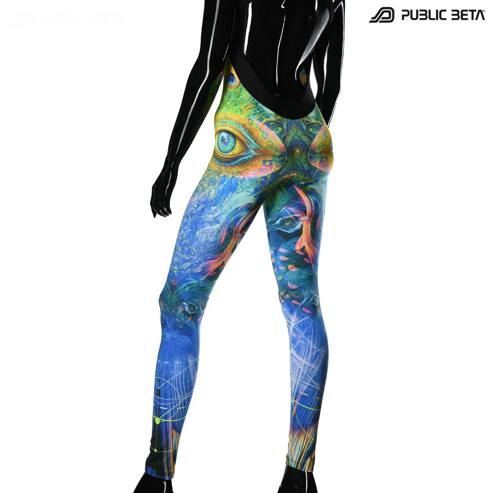 Jumpsuit with UV-reactive printed graphics, photographed in natural light back side