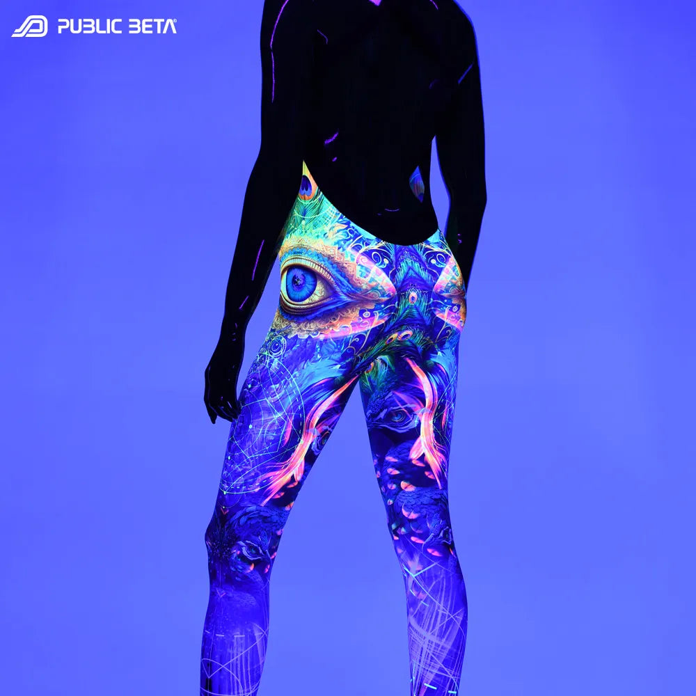 Jumpsuit close-up of UV-reactive graphics glowing under blacklight