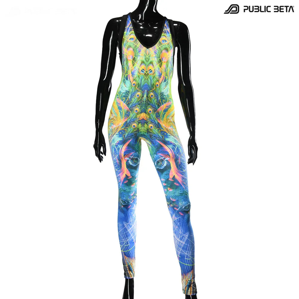 Jumpsuit with UV-reactive printed graphics, photographed in natural light front  side