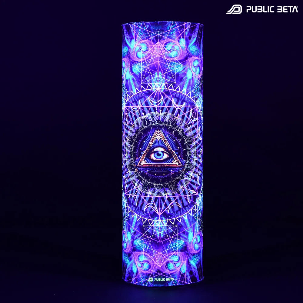 Tube scarf with organic UV-reactive print glowing under blacklight