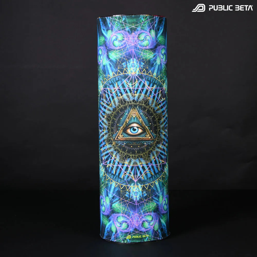 Tube scarf with organic UV-reactive print, photographed in natural light
