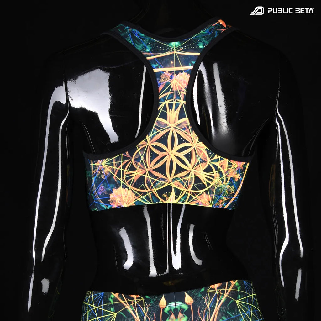 Sports bra with UV reactive print