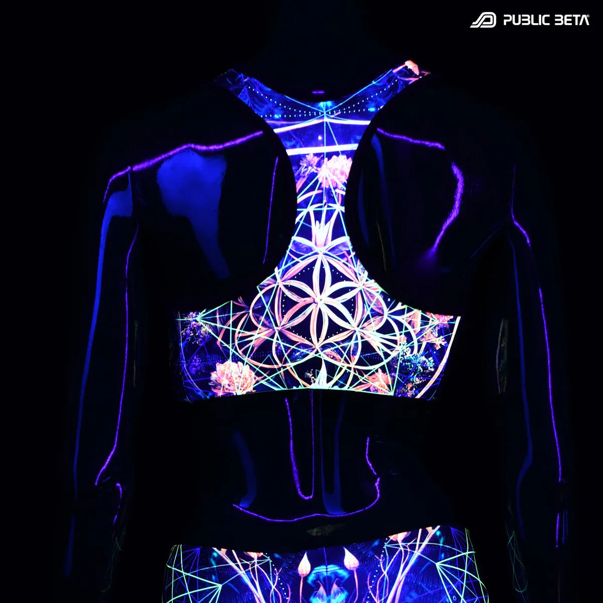 Sports bra with UV reactive print glowing under blacklight