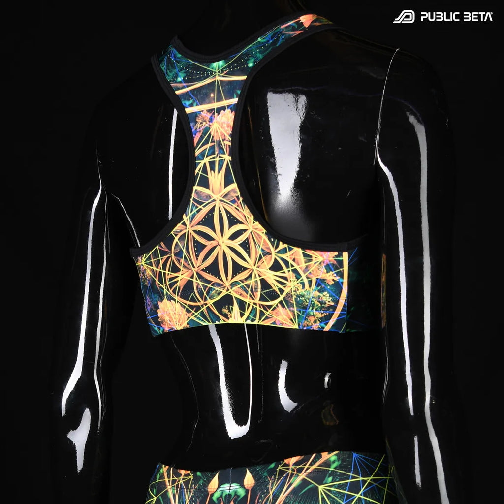 Sports bra with UV reactive print