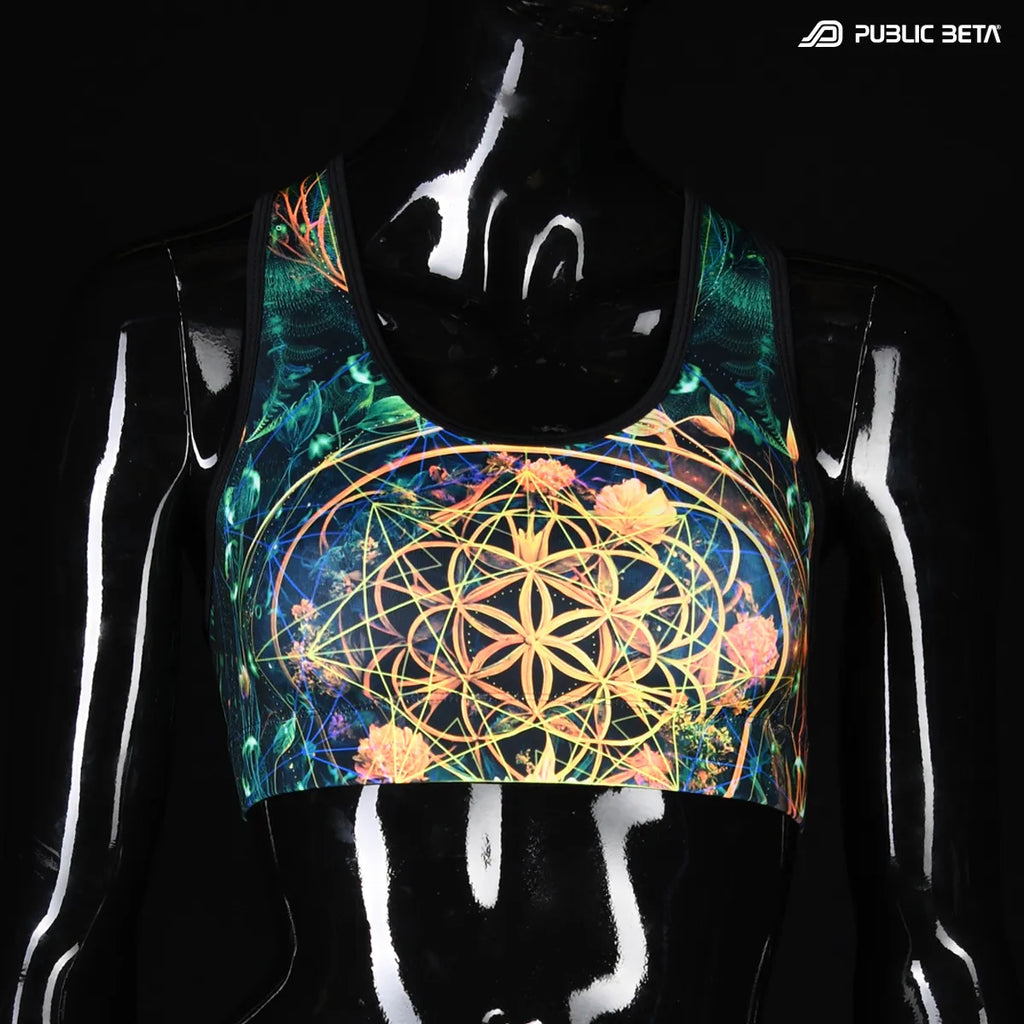 Sports bra with UV reactive print