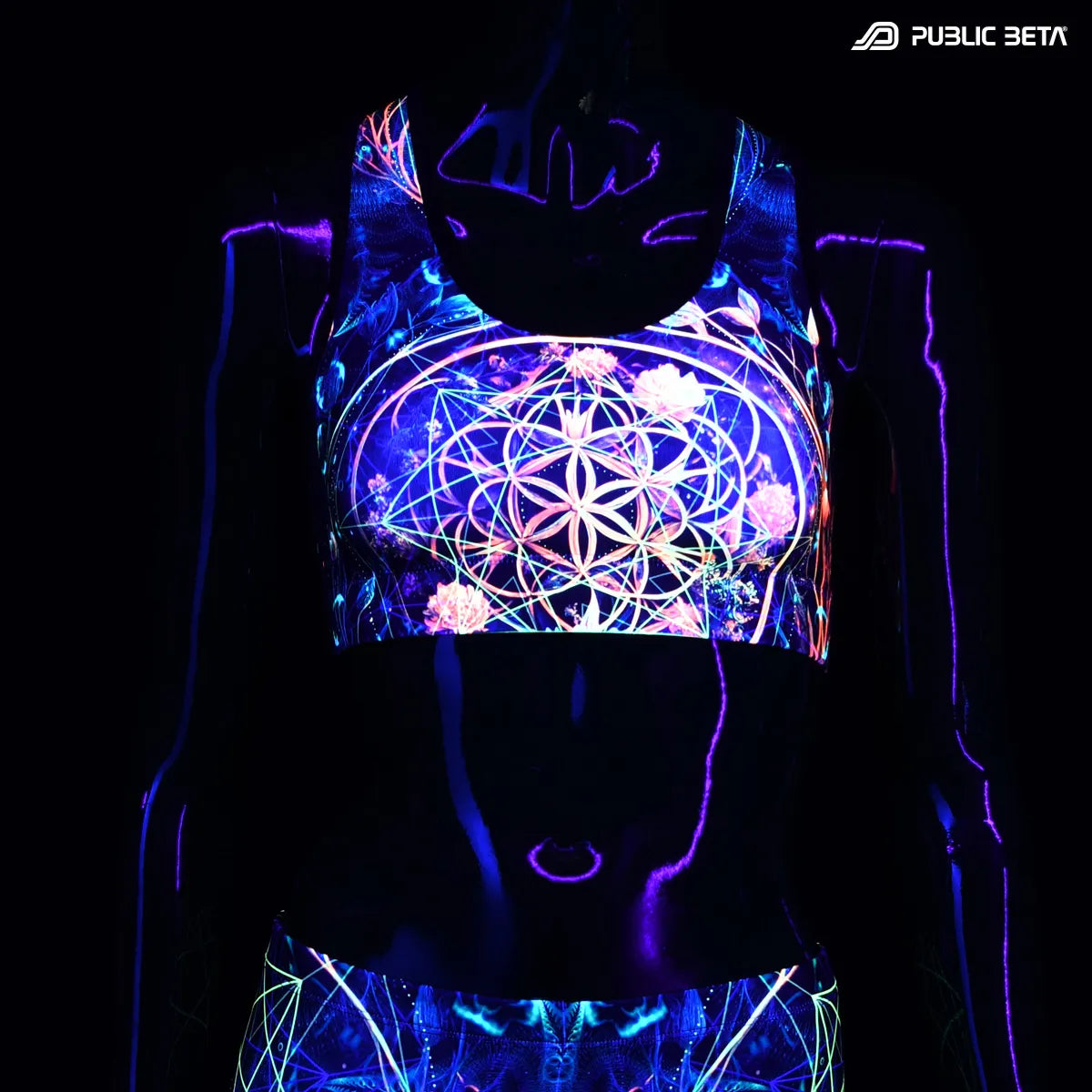 Sports bra with UV reactive print glowing under blacklight