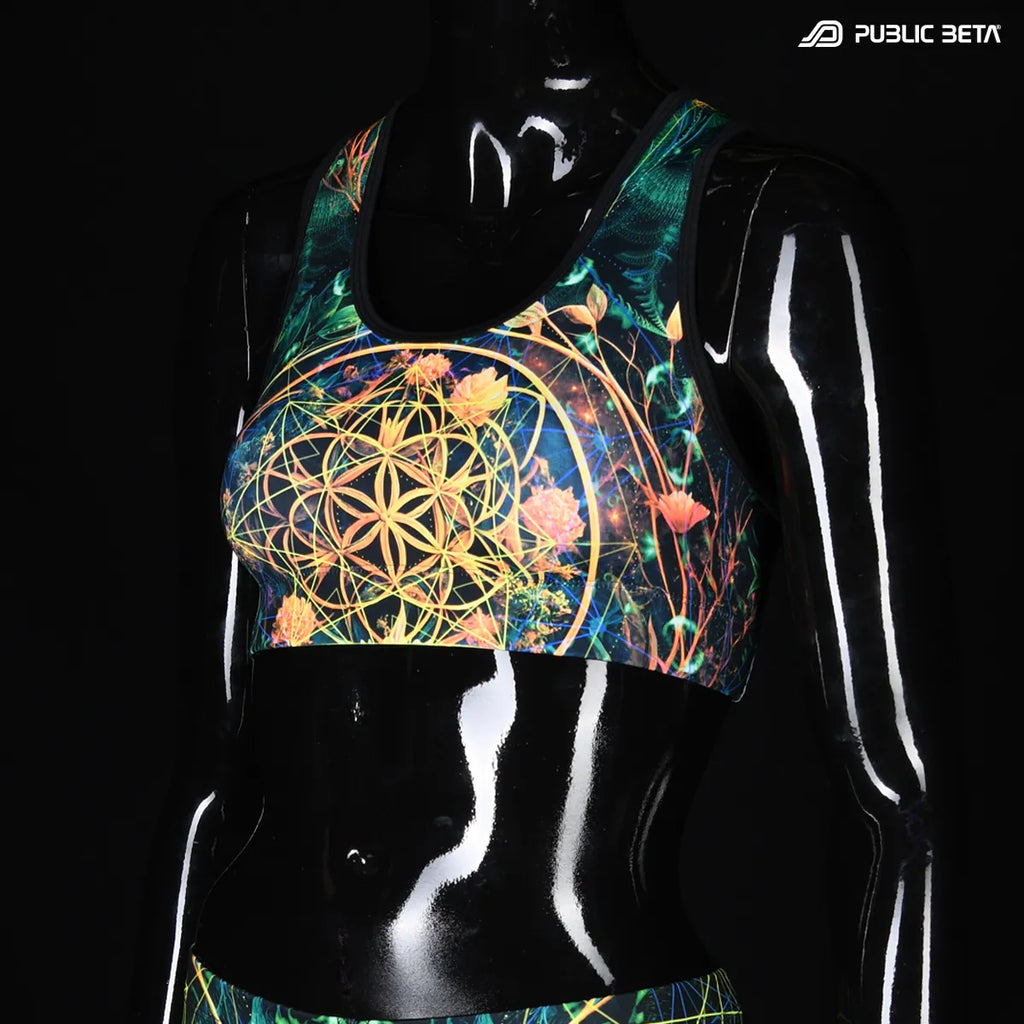 Sports bra with UV reactive print