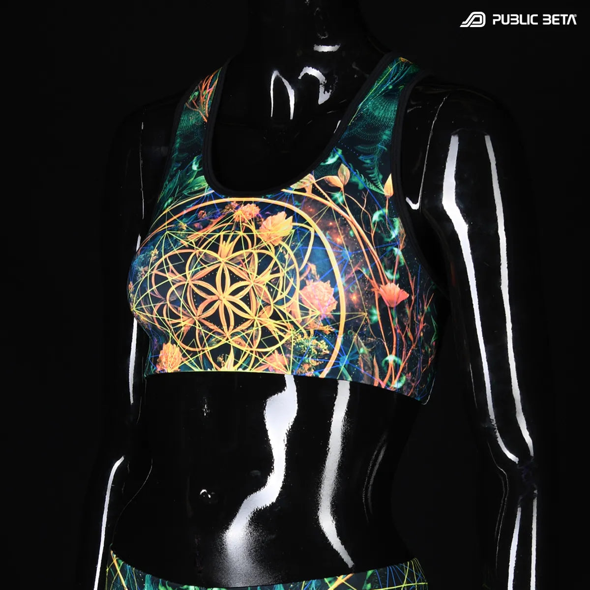 Sports bra with UV reactive print