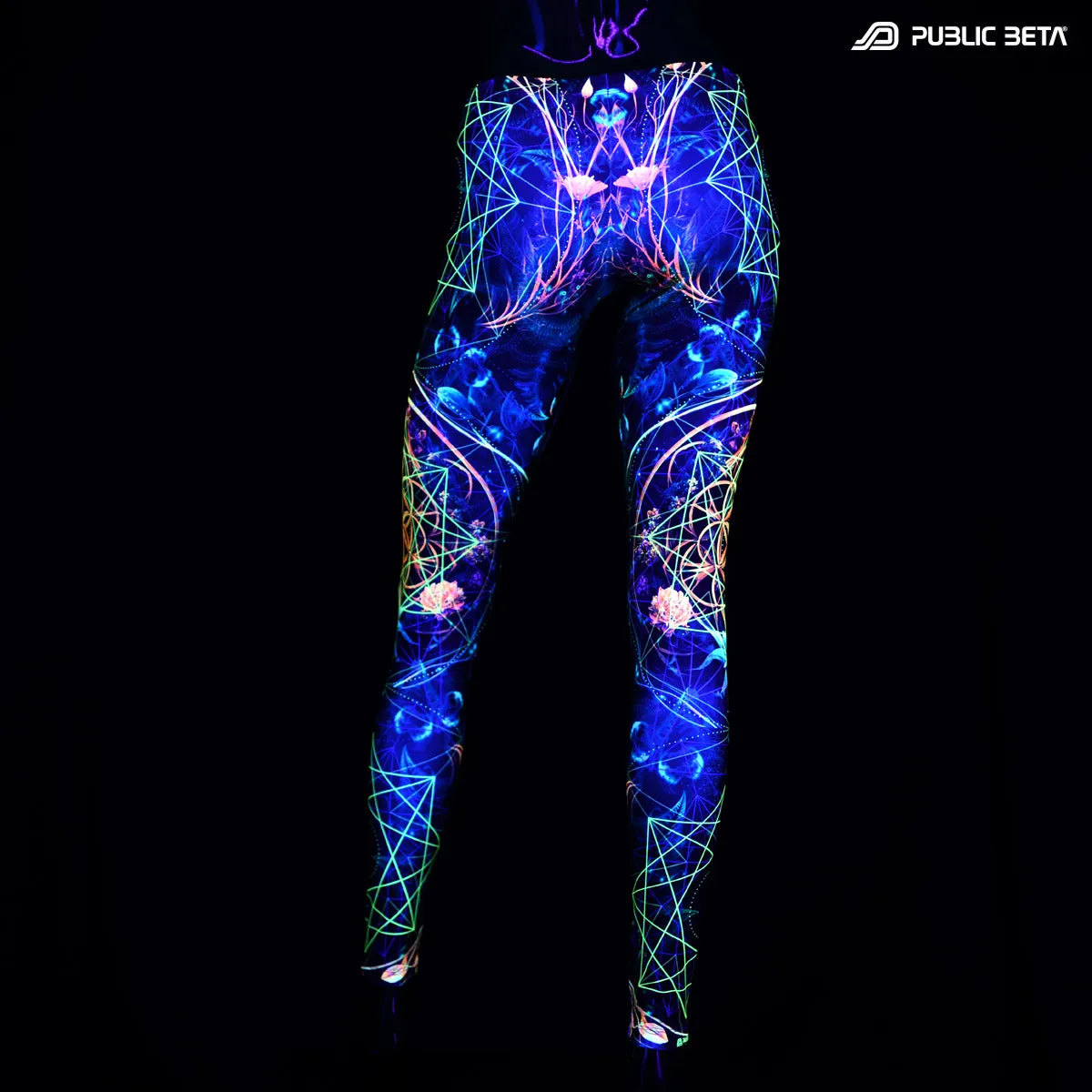 Leggings with uv reactive art print  glowing under blacklight