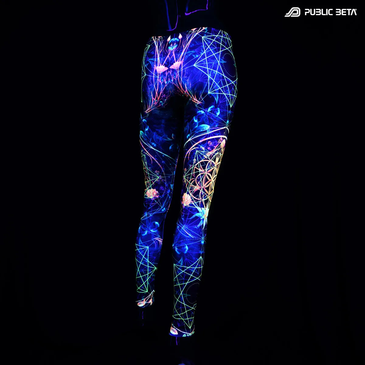 Leggings with uv reactive art print  glowing under blacklight