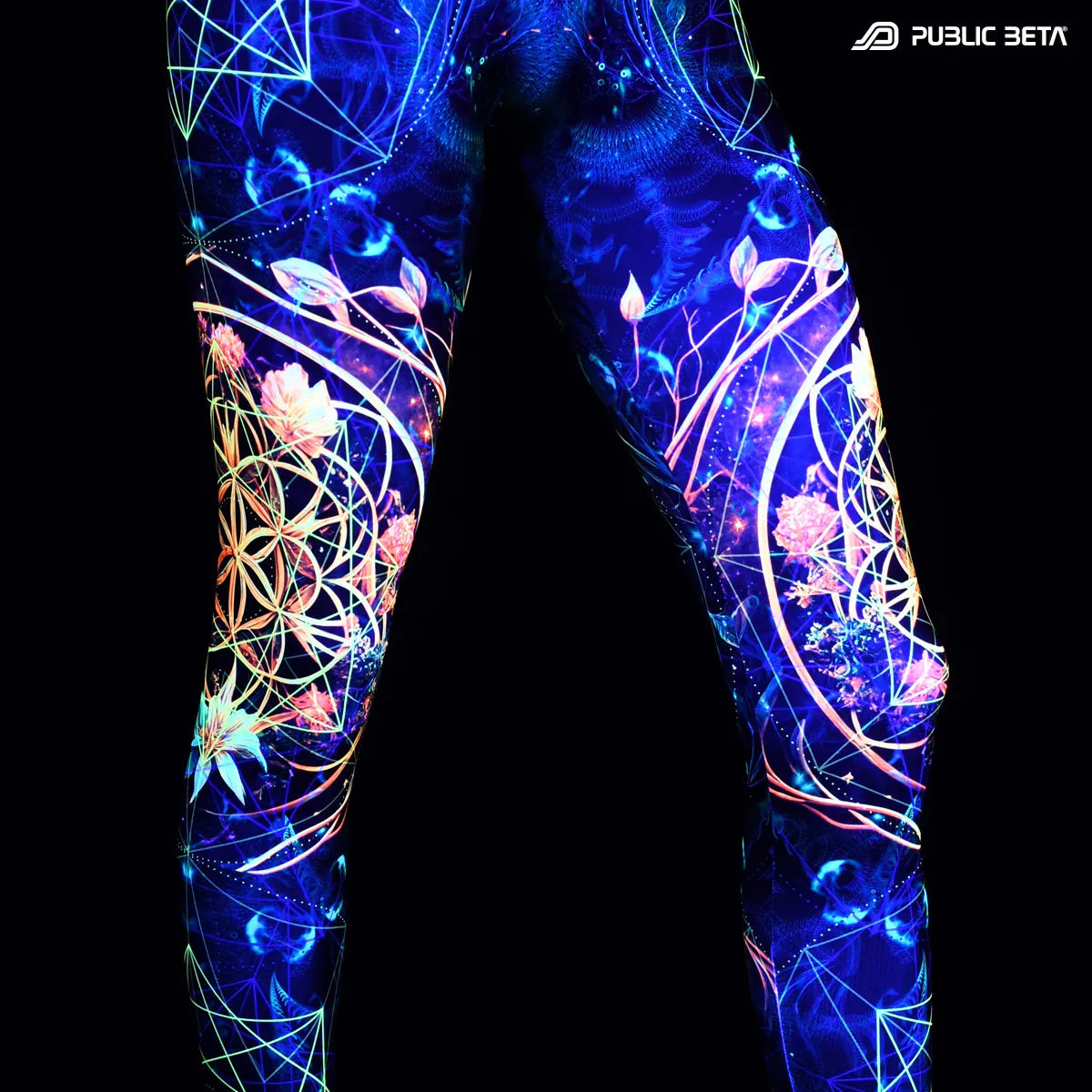 Leggings with uv reactive art print  glowing under blacklight close view