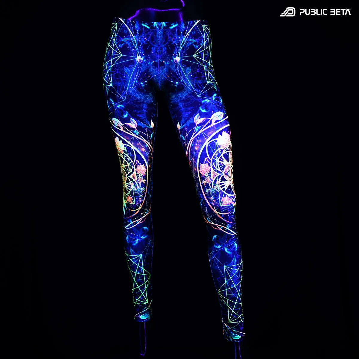 Leggings with uv reactive art print  glowing under blacklight