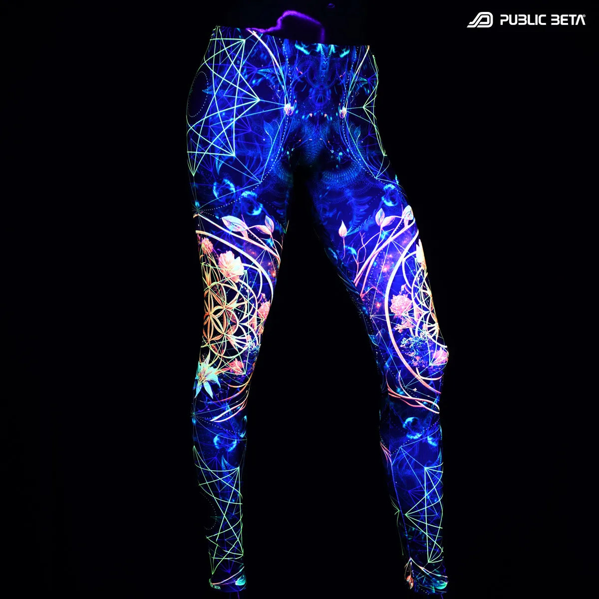 Leggings with uv reactive art print  glowing under blacklight