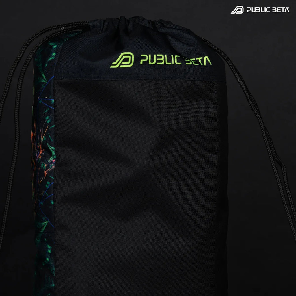 Close up of a Drawstring bag with uv reactive psychedelic art print