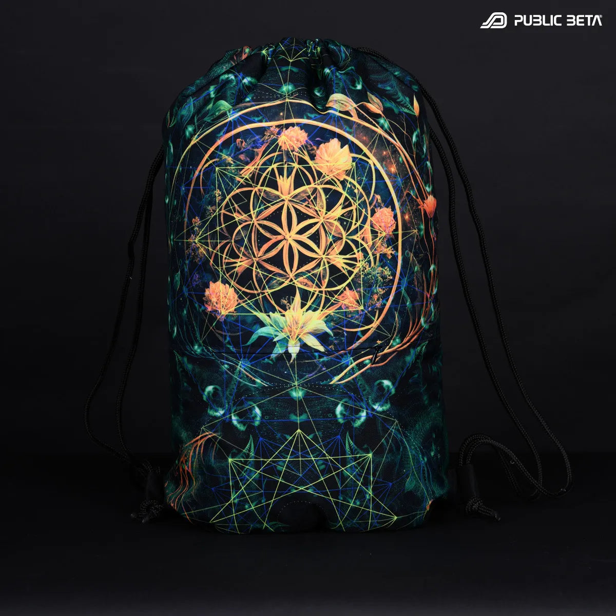 Drawstring bag with uv reactive psychedelic art print 