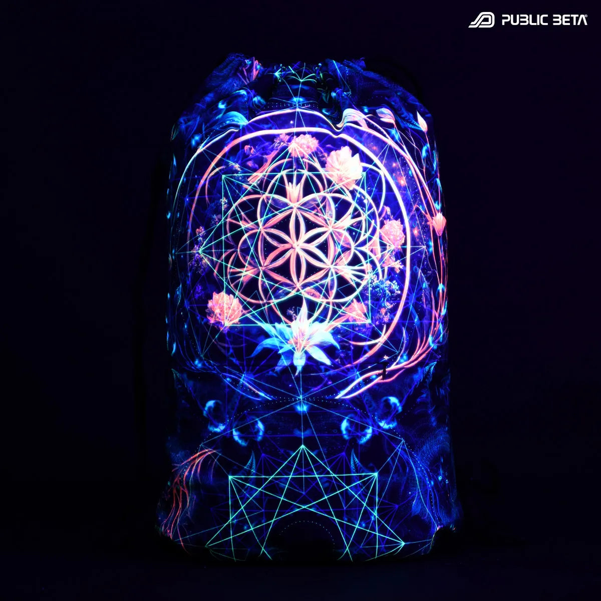 Drawstring bag with uv reactive psychedelic art print glowing under blacklight