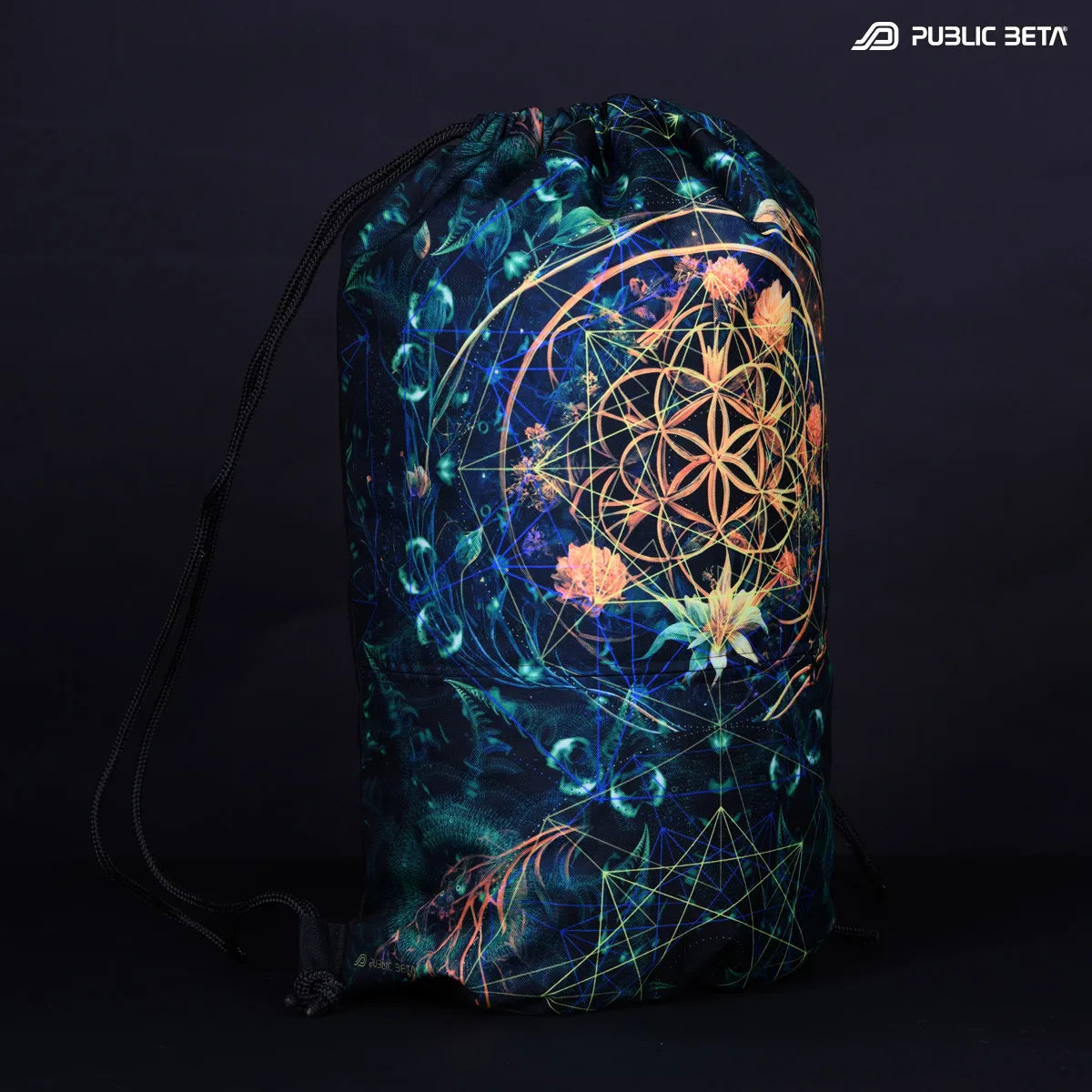 Drawstring bag with uv reactive psychedelic art print 