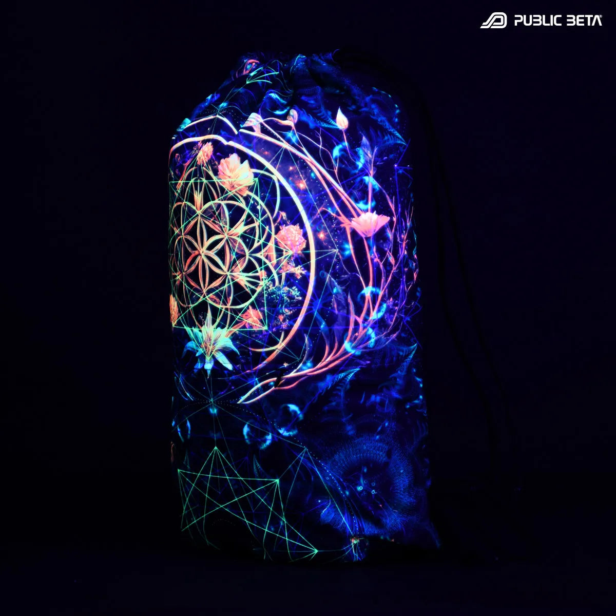 Drawstring bag with uv reactive psychedelic art print glowing under blacklight