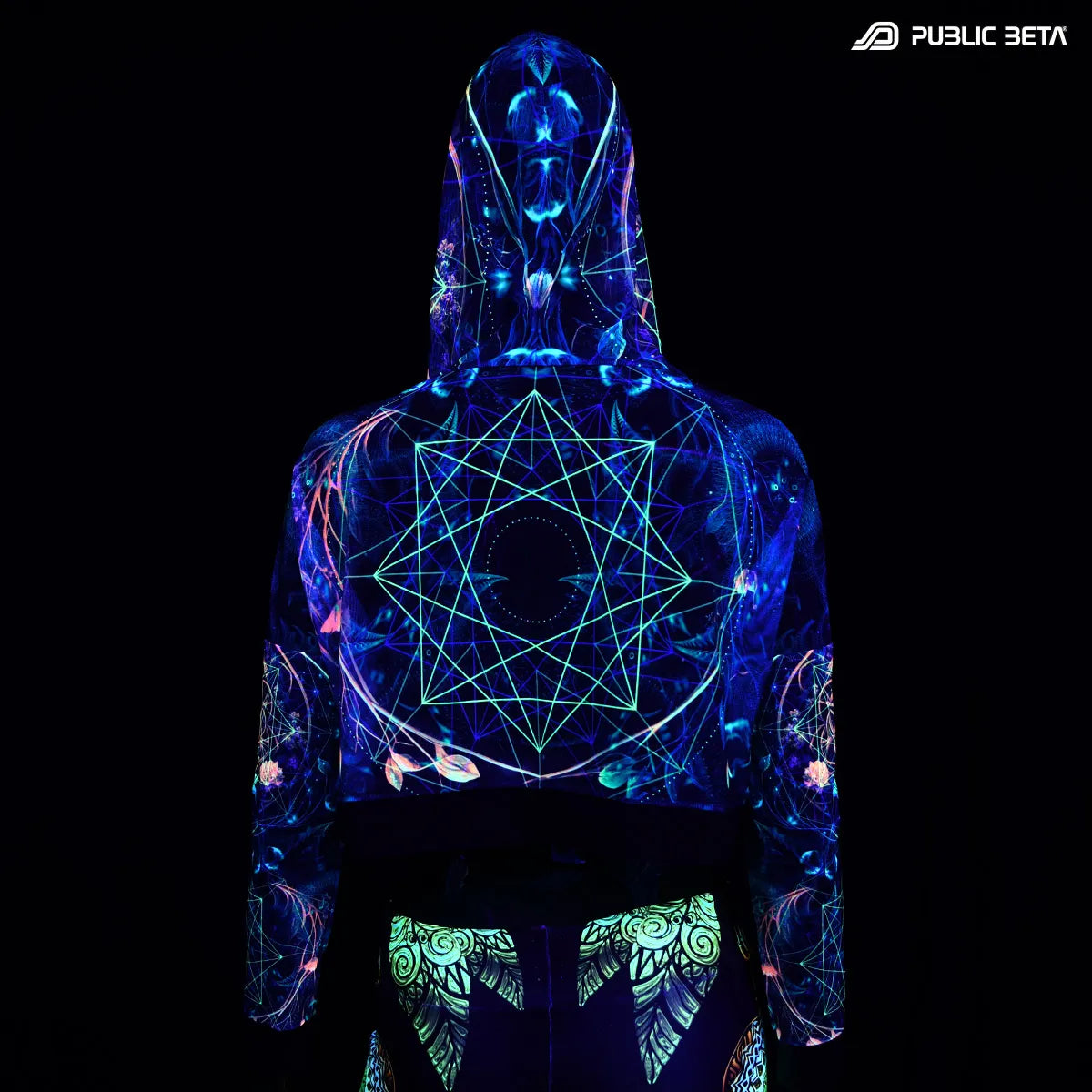 Hooded mesh top with uv reactive psychedelic art print glowing under blacklight