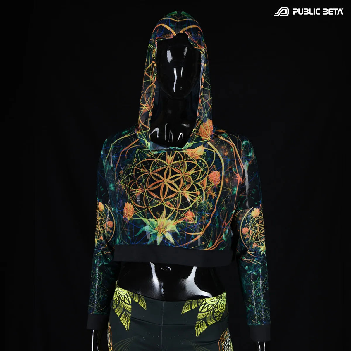 Hooded mesh top with uv reactive psychedelic art print