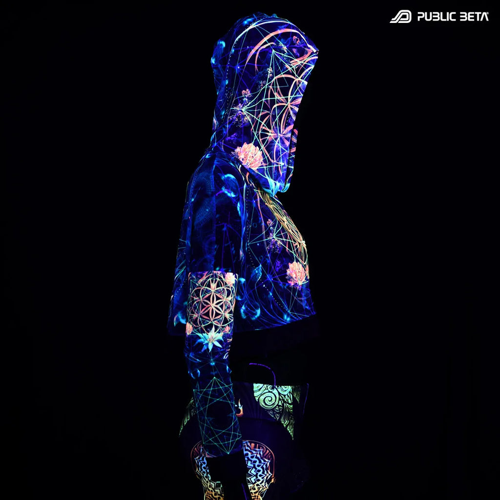 Hooded mesh top with uv reactive psychedelic art print glowing under blacklight