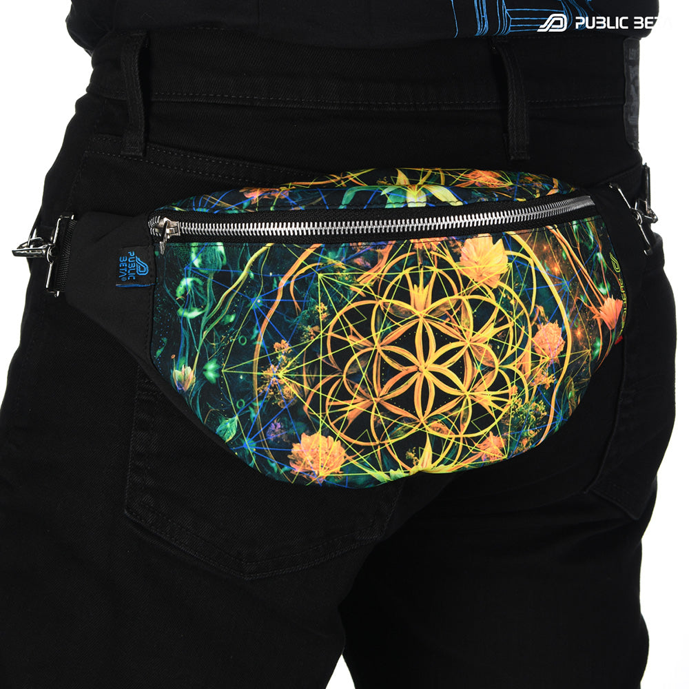 Bum bag with Flower of Life sacred geometry with flowers print, photographed in natural light