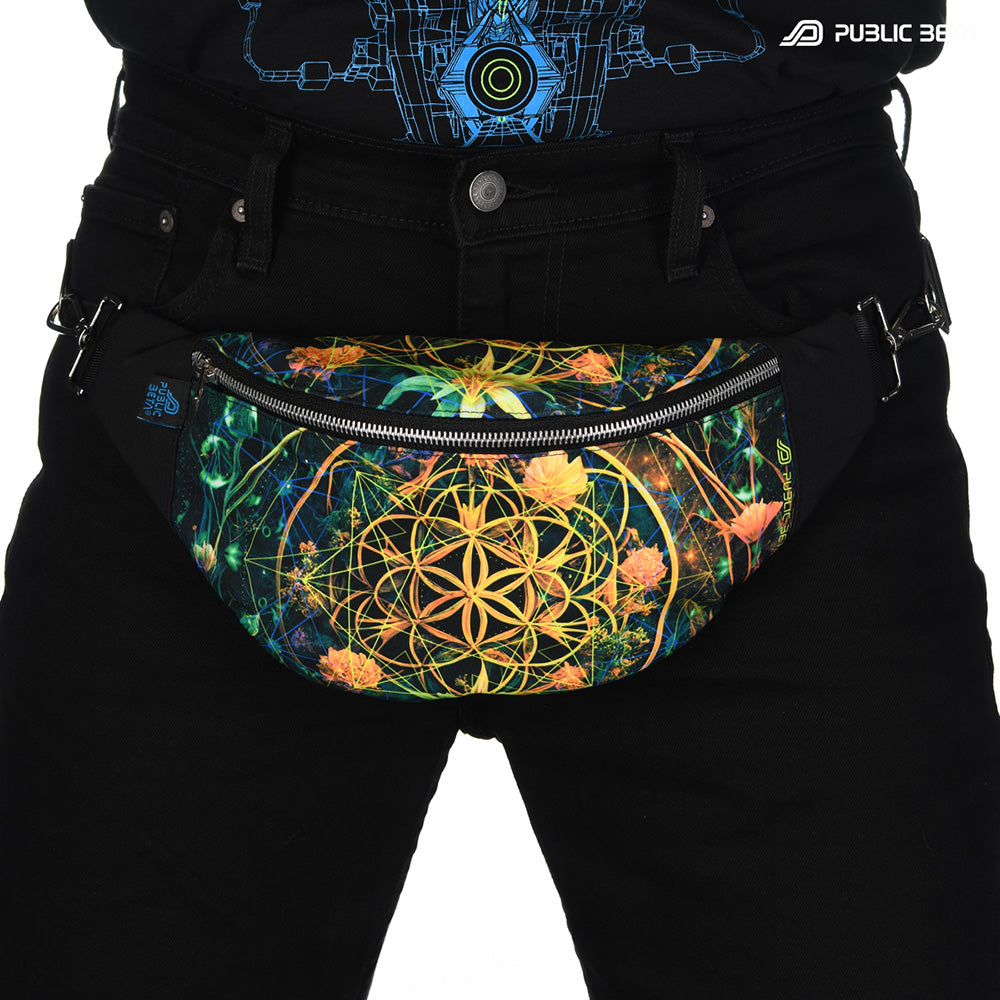 Bum bag with Flower of Life sacred geometry with flowers print, photographed in natural light
