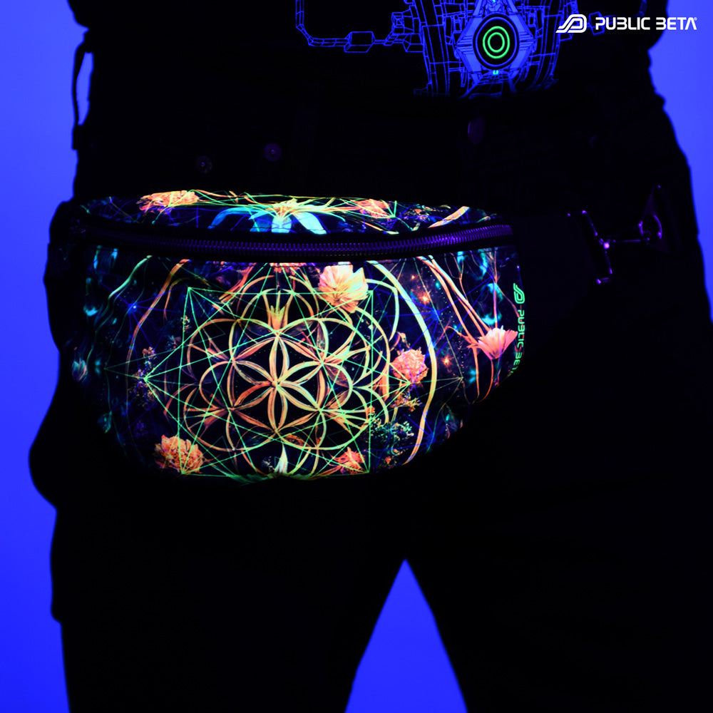 Bum bag with Flower of Life sacred geometry with flowers print glowing under blacklight