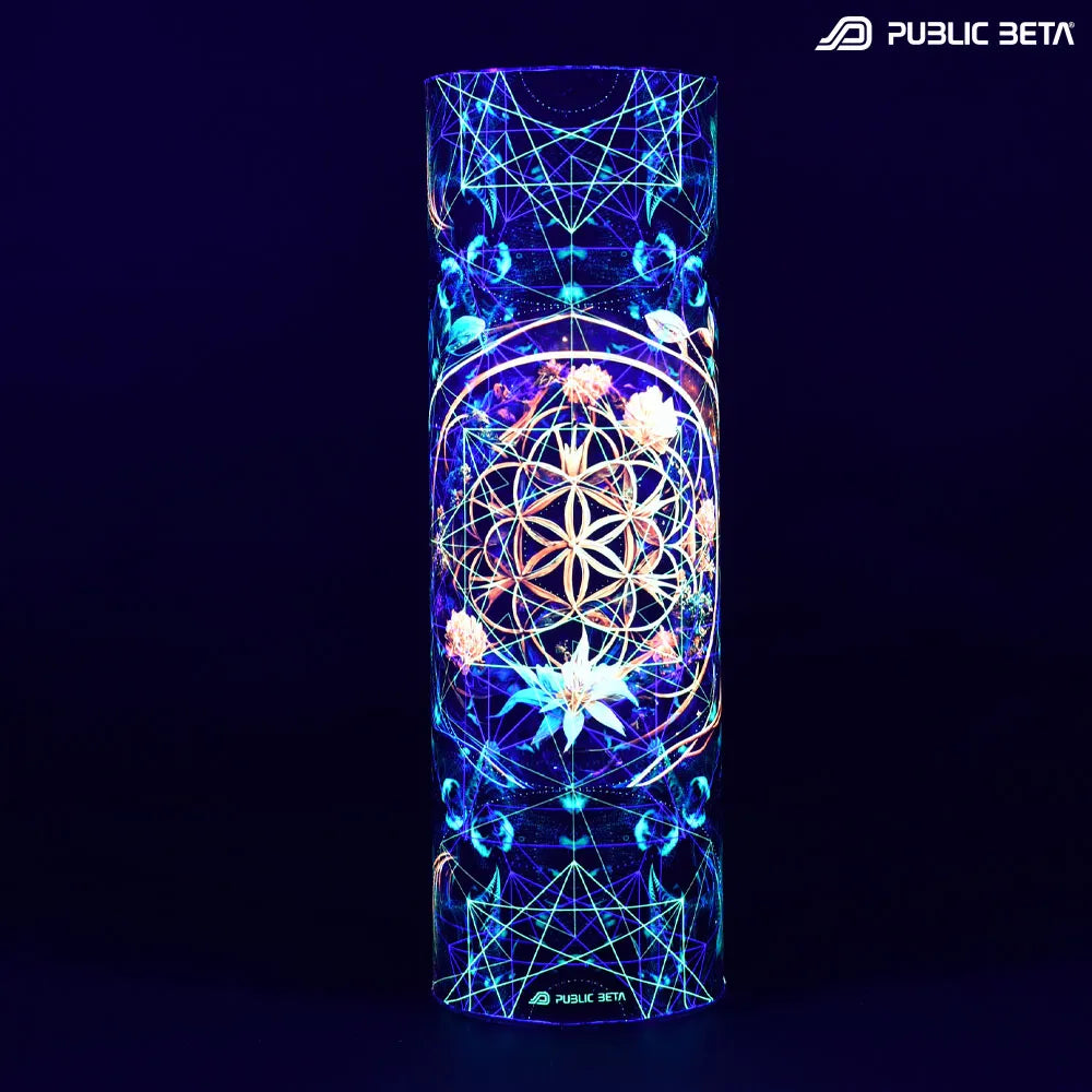 Tube scarf with organic UV-reactive print glowing under blacklight
