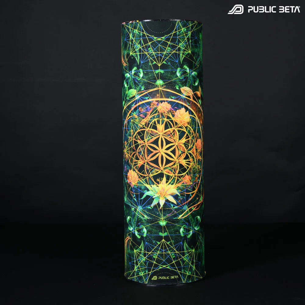 Tube scarf with organic UV-reactive print, photographed in natural light
