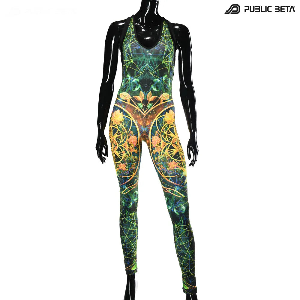 Jumpsuit with UV-reactive printed graphics, photographed in natural light front side