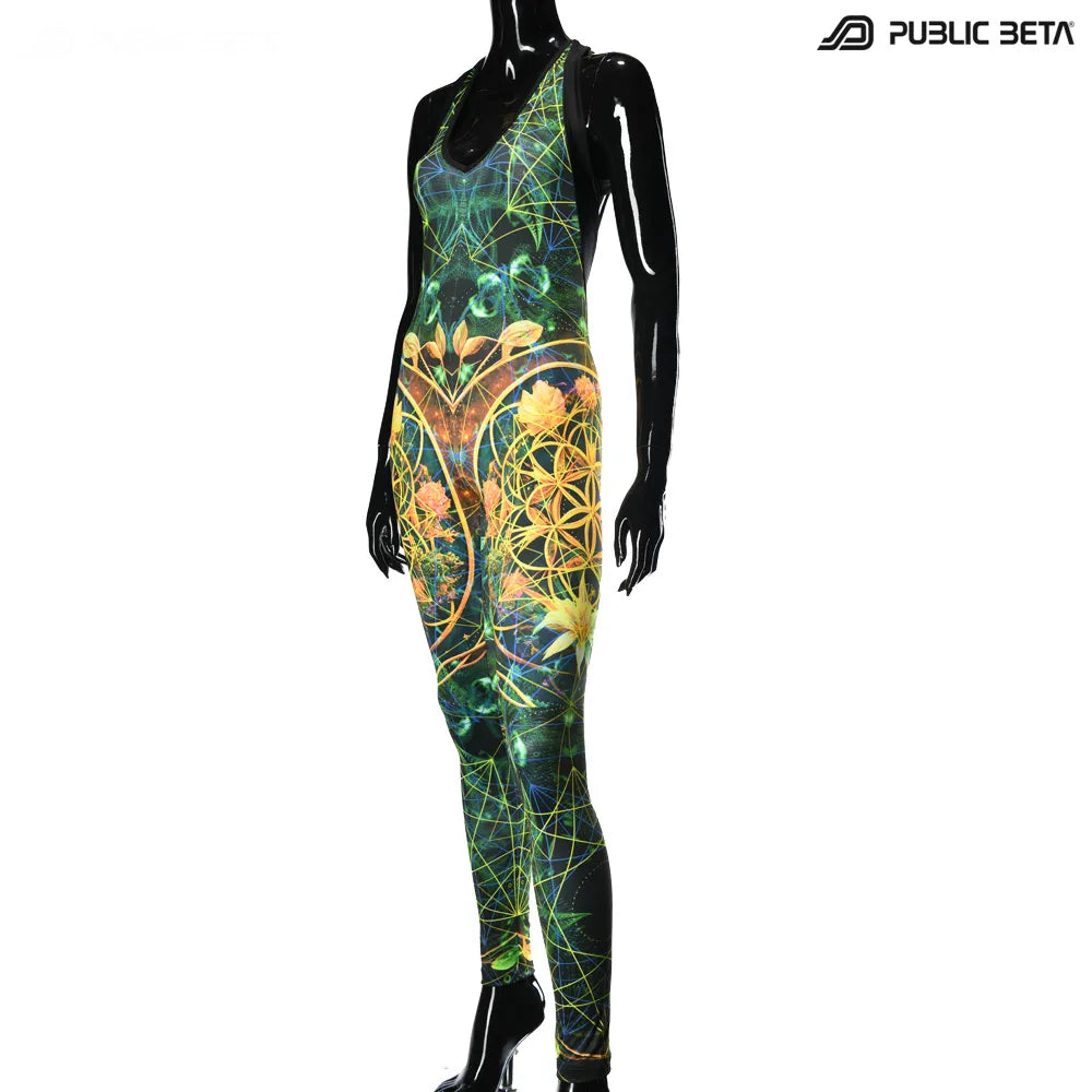 Jumpsuit with UV-reactive printed graphics, photographed in natural light front  view