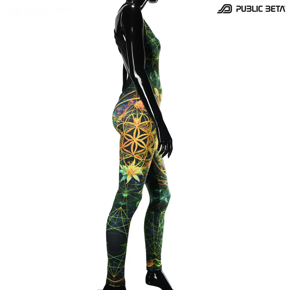 Jumpsuit with UV-reactive printed graphics, photographed in natural light side view