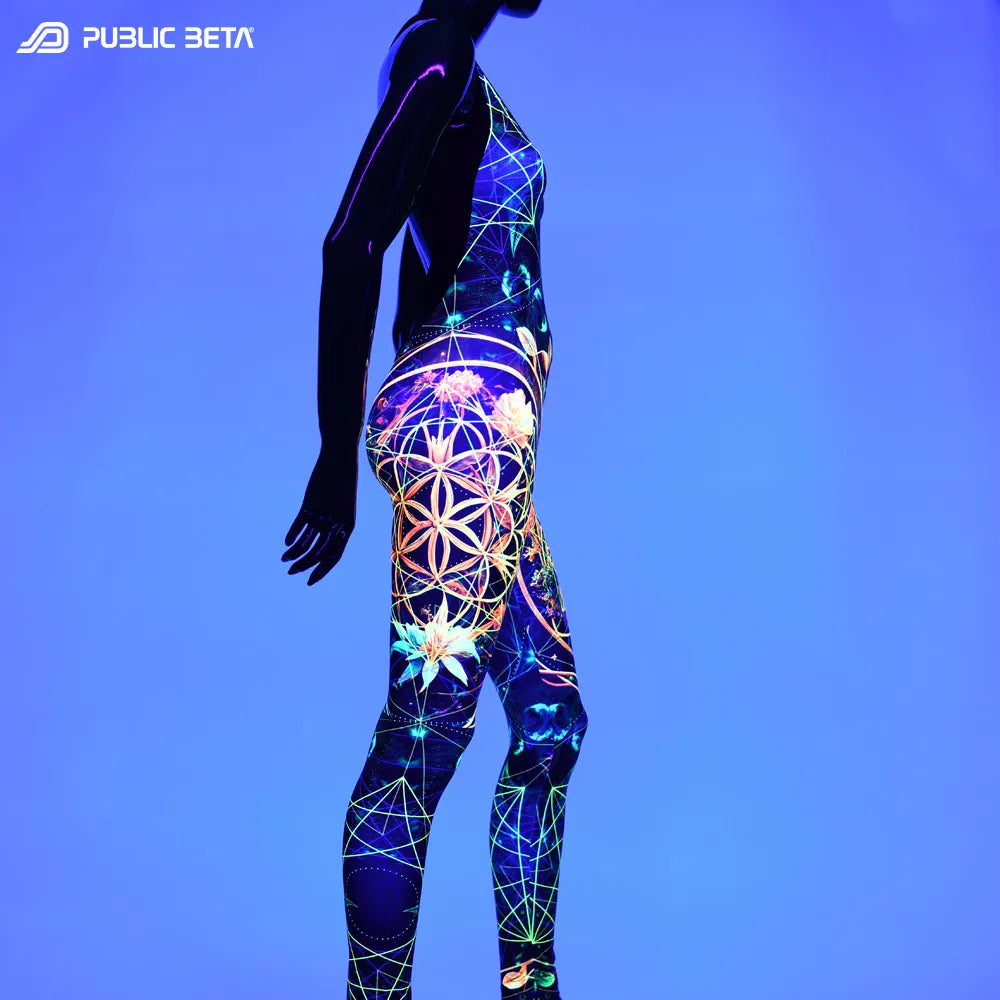 Jumpsuit with UV-reactive graphics glowing under blacklight side view