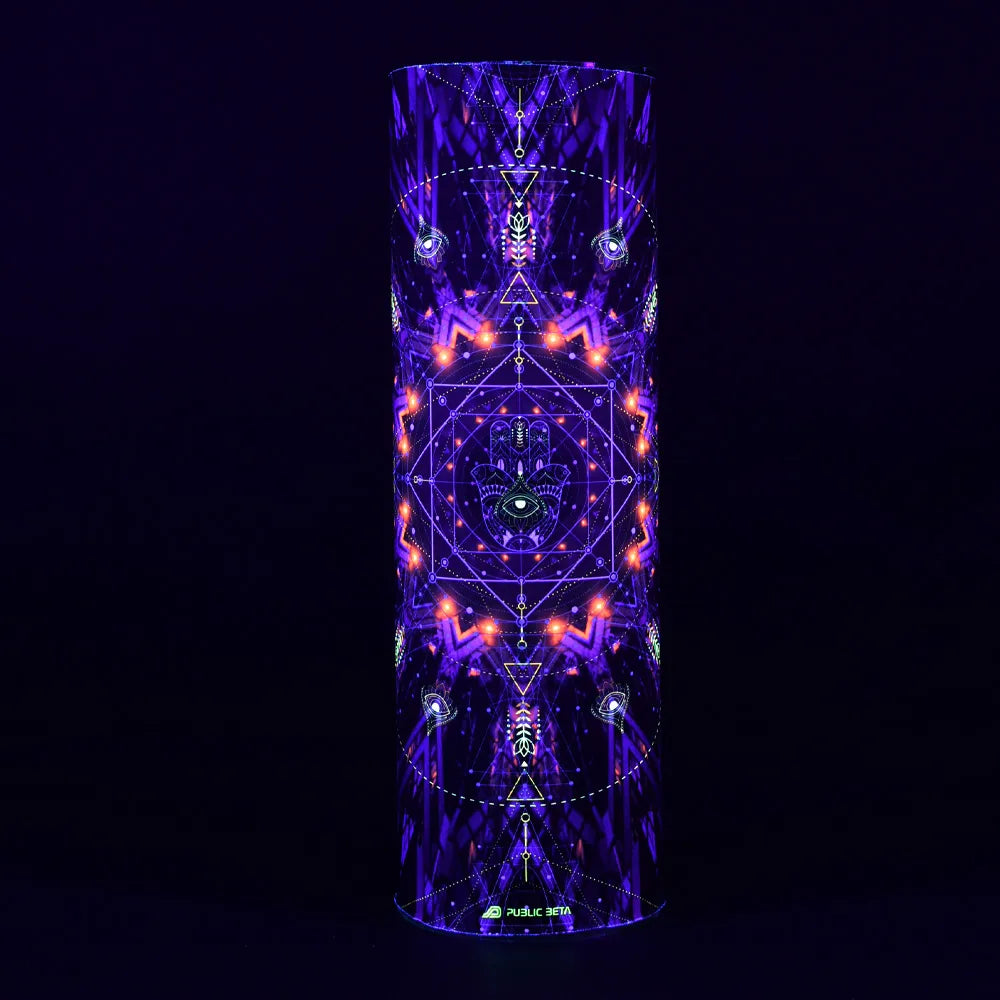Tube scarfwith geometric UV-reactive graphics glowing under blacklight