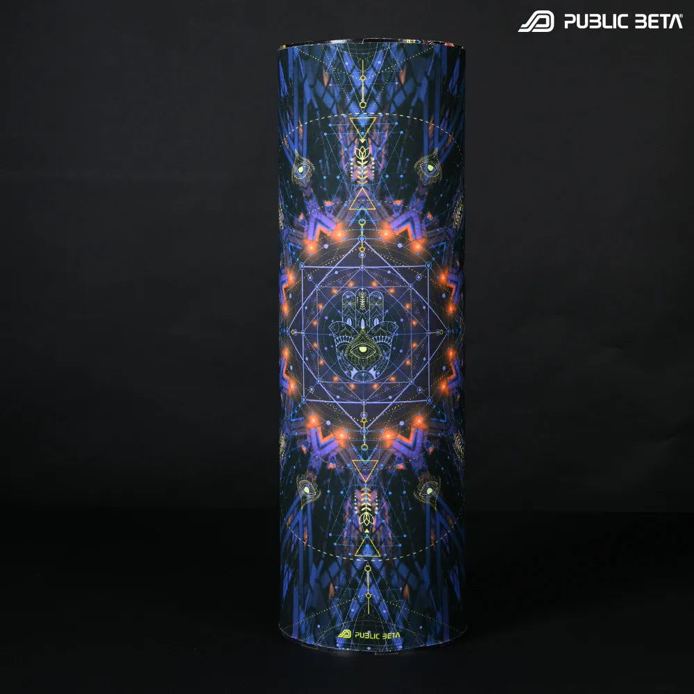 Tube scarf with UV-reactive futuristic graphics, photographed in natural light
