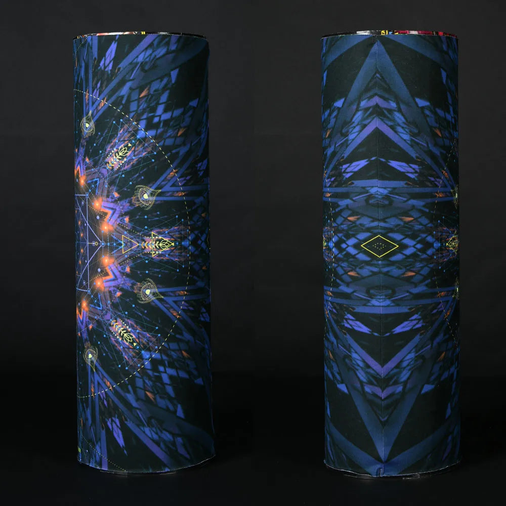 Tube scarf with UV-reactive futuristic graphics, photographed in natural light