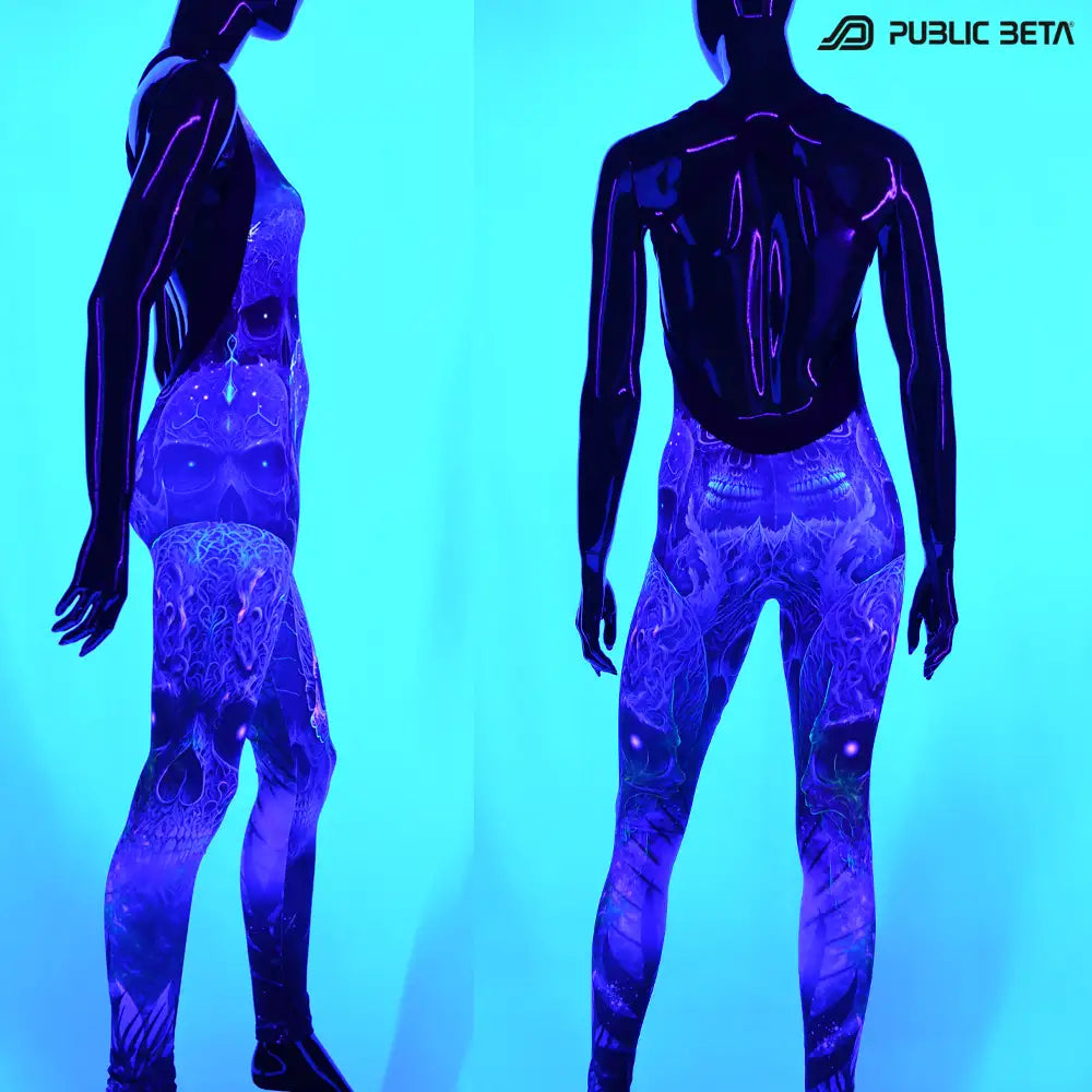 Jumpsuit with UV-reactive graphics glowing under blacklight back and side view