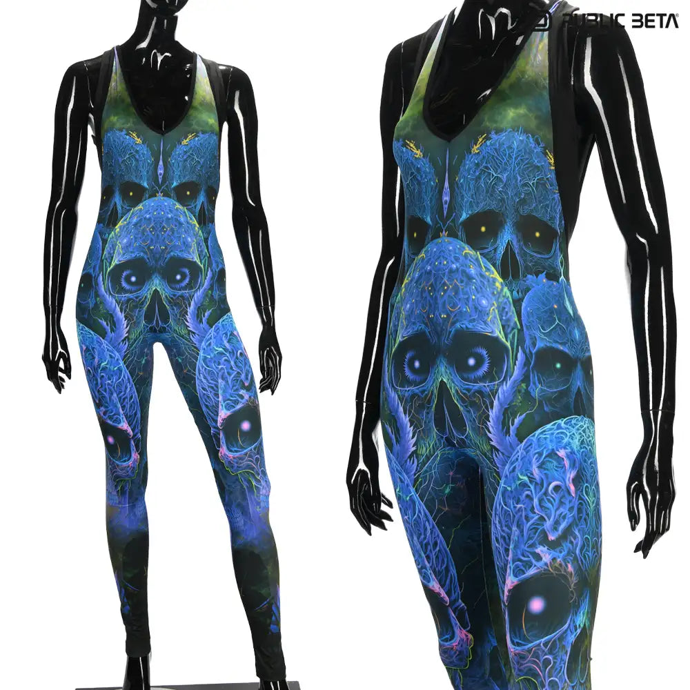 Jumpsuit with UV-reactive printed graphics, photographed in natural light front and closeup view